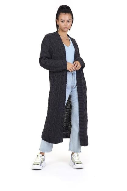 Charcoal Chunky Cable Knit Fisherman Rib Cardigan