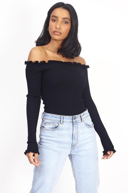 Black Ribbed Ruffle Detail Bardot Knitted Top