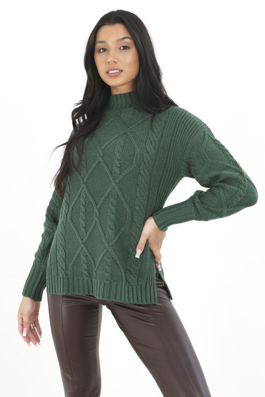 Dark Green High Neck Oversized Cable Knit Jumper