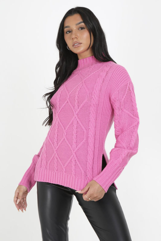 Pink High Neck Oversized Cable Knit Jumper