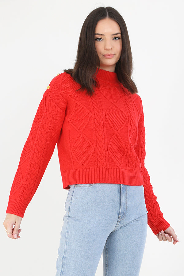 Long Sleeve Gold Button Detail Cable Knit Jumper