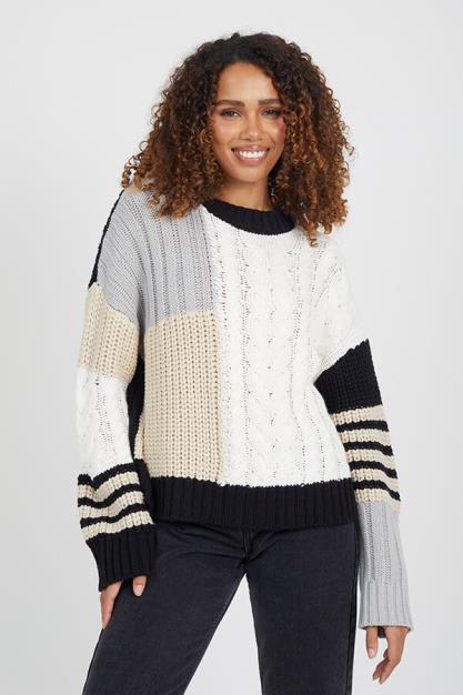 Brave Soul Multi Colour Chunky Knit Patchwork Jumper