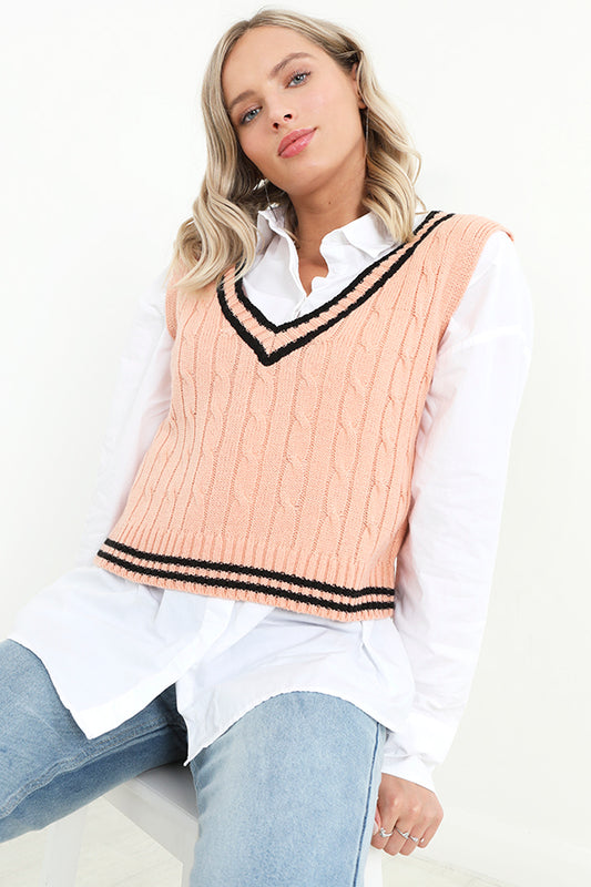 Pale Pink V-Neck Cable Knit Waistcoat Style Vest