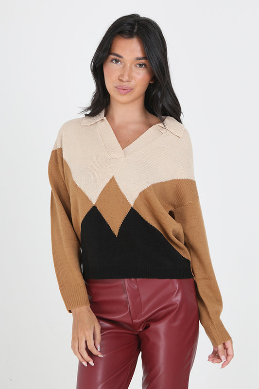 Camel Multicoloured Collared Jacquard Knit Jumper