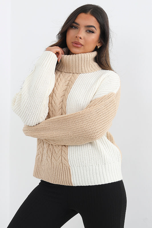 Tonal Colour Block Design Roll Neck Jumper