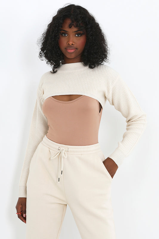 Cream Fisherman Rib Extreme Crop Knitted Jumper