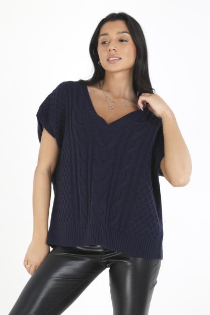French Navy V Neck Short Sleeve Cable Knit Tank Top
