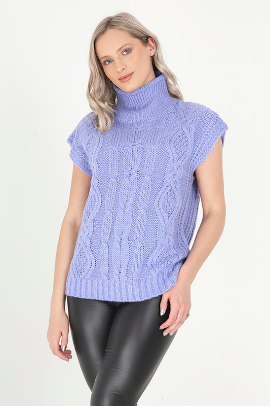 Blue Dropped Shoulder Roll Neck Cable Knitted Tank