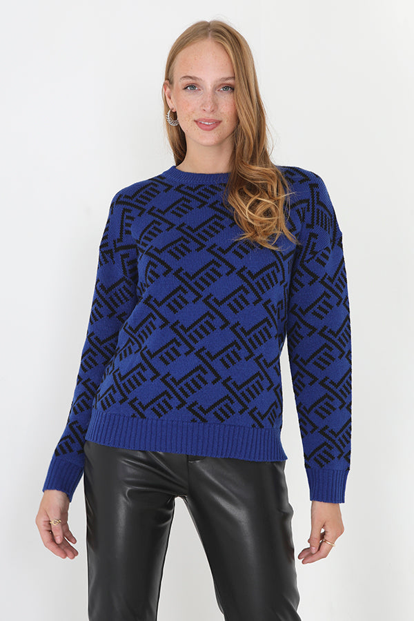 Electric Blue Jacquard Crew Neck Knitted Jumper