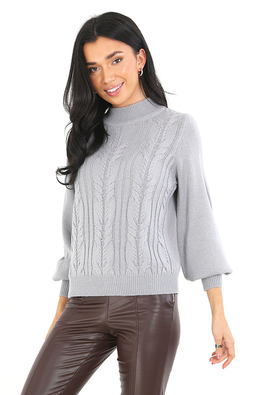 Grey High Neck Balloon Sleeve Cable Knit Jumper