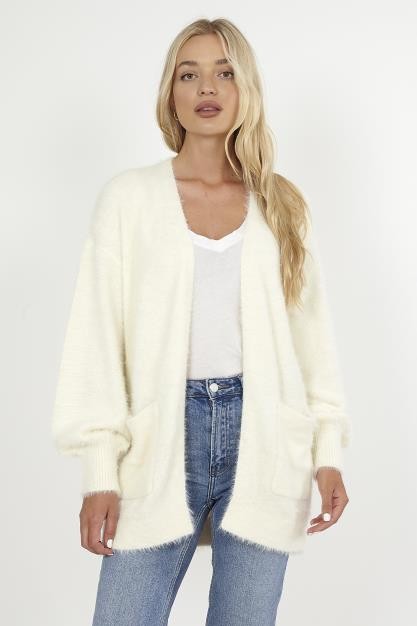 Fluffy Knit Balloon Sleeve Open Front Cardigan