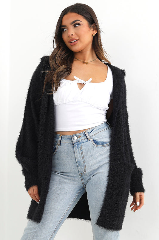 Black Fluffy Balloon Sleeve Knitted Hooded Cardigan