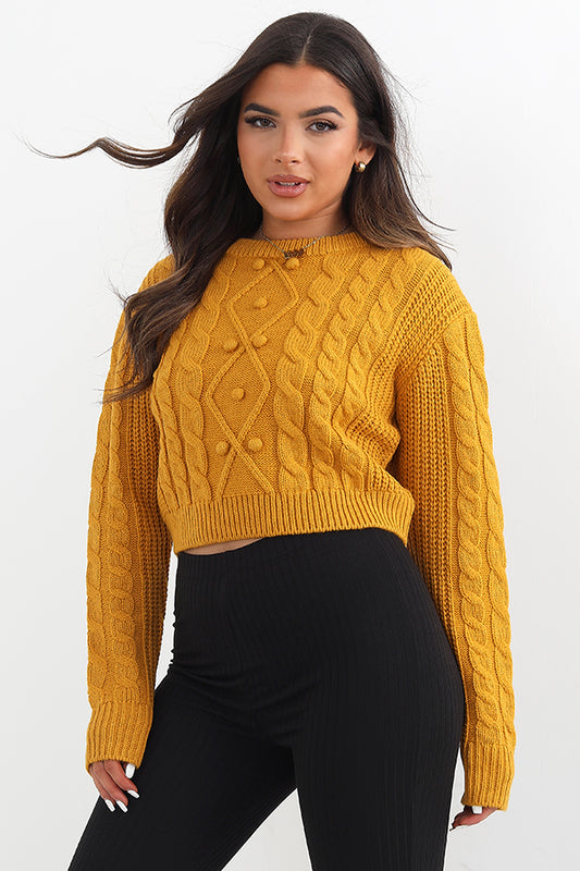 Cable Knit Detail Cropped Crew Neck Jumper