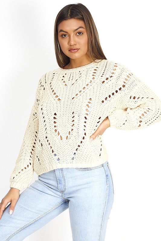 Pointelle Chunky Crew Neck Knitted Jumper