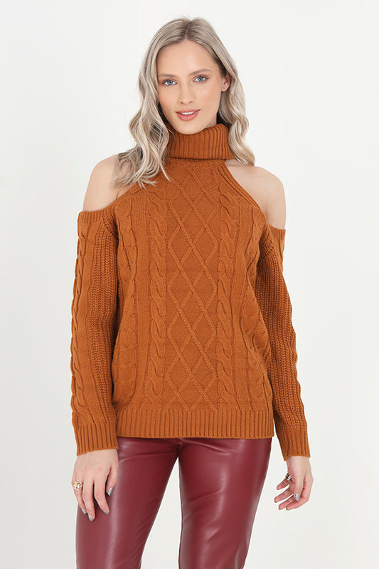 Copper Cold Shoulder Roll Neck Cable Knit Jumper