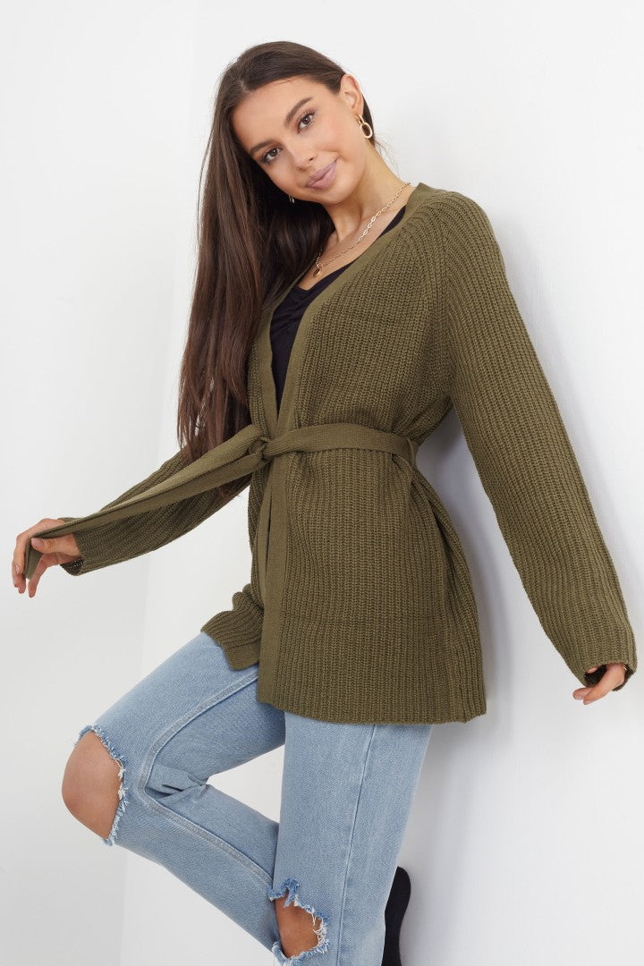 Edge-To-Edge Fisherman Rib Knit Belted Cardigan