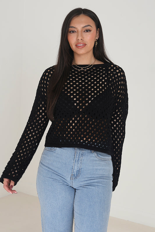 Black Mesh Knitted Jumper With Flared Sleeves