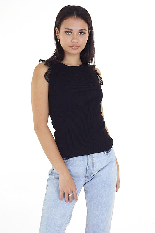 Ribbed Sleevless Lace Trim Detail Knitted Top