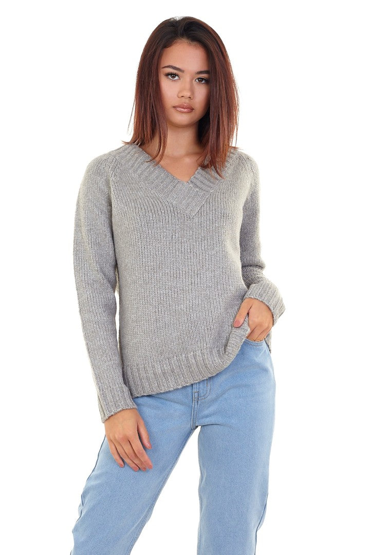 Plain V Neckline Long Sleeve Knitted Jumper