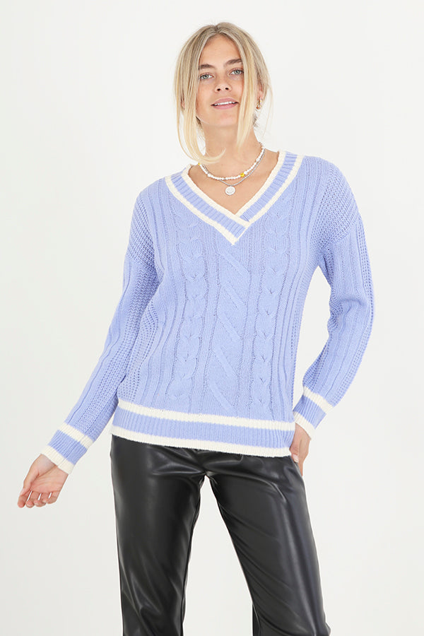 Blue V Neck Striped Cable Knit Cricket Jumper