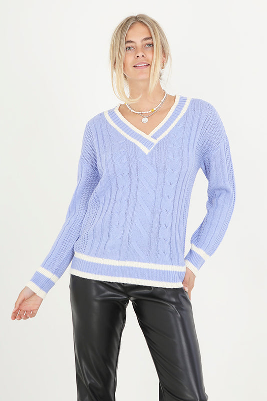 Blue V Neck Striped Cable Knit Cricket Jumper