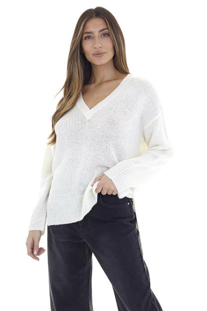 Ivory V Neck Split Hem Detail Knit Jumper