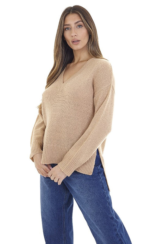 Biscuit V Neck Split Hem Detail Knit Jumper