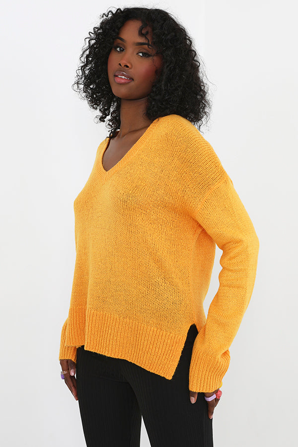 Mango V Neck Split Hem Detail Knit Jumper