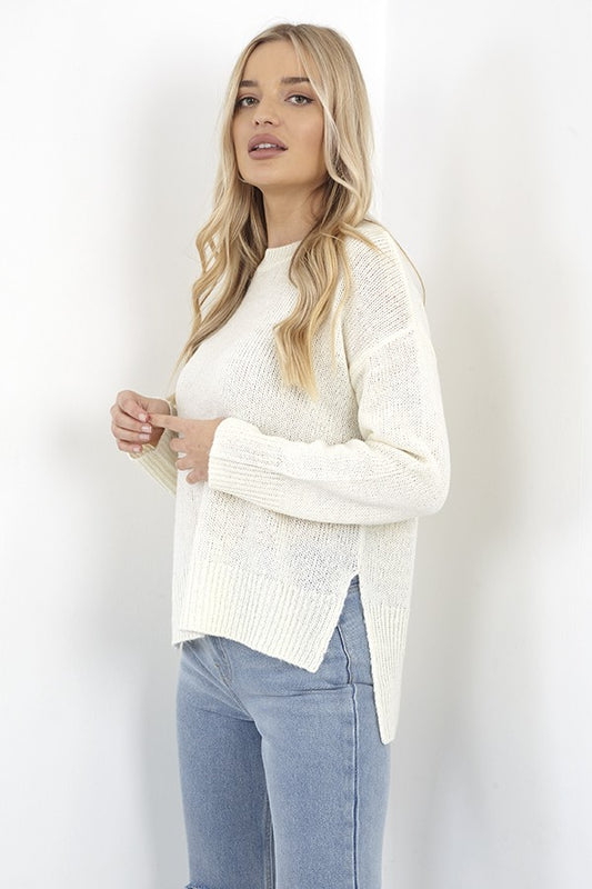 Ivory Crew Neck Split Hem Detail Knit Jumper