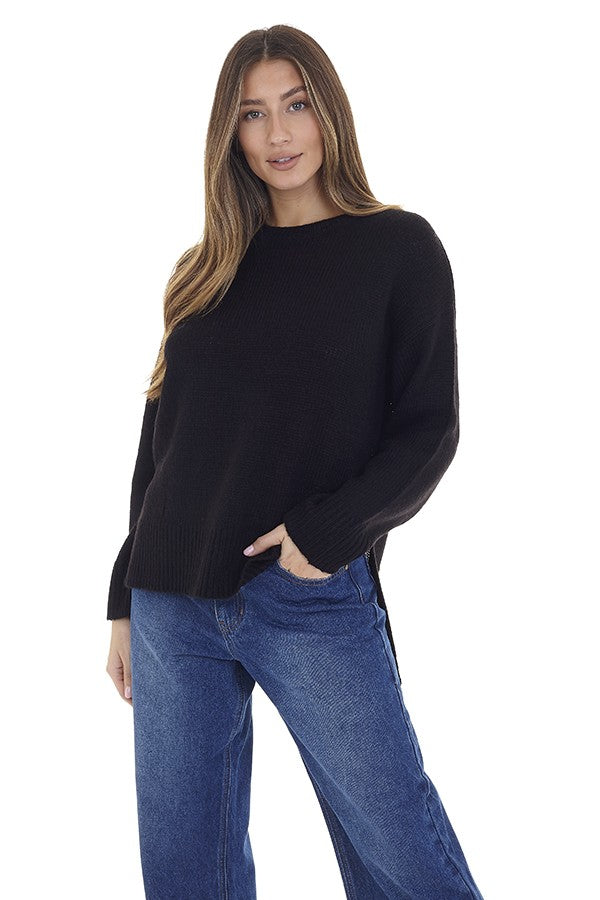Black Crew Neck Split Hem Detail Knit Jumper