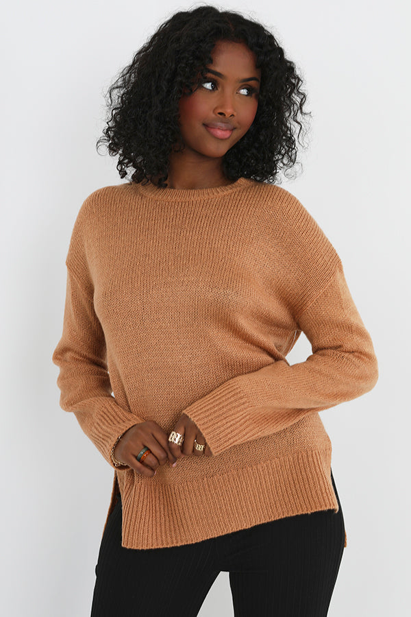 Camel Crew Neck Split Hem Detail Knit Jumper