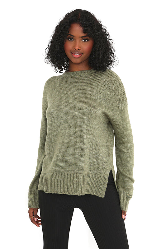 Light Khaki Crew Neck Split Hem Detail Knit Jumper