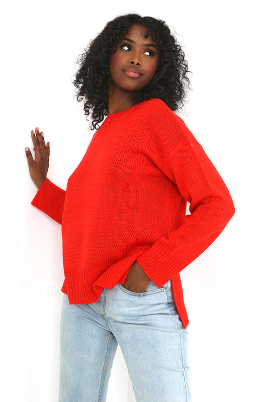 Red Crew Neck Split Hem Detail Knit Jumper
