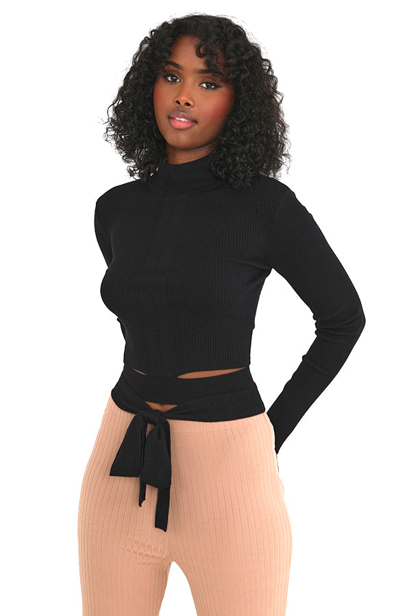 Black Ribbed High Neck Wrap Belt Detail Knitted Top