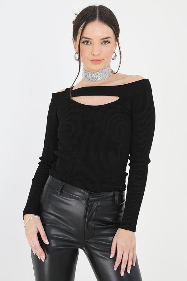 Off Shoulder Cut Out Neck Rib Knit Jumper