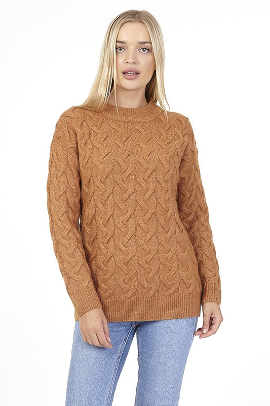 Crew Neck Knitted Jumper With Cable Design