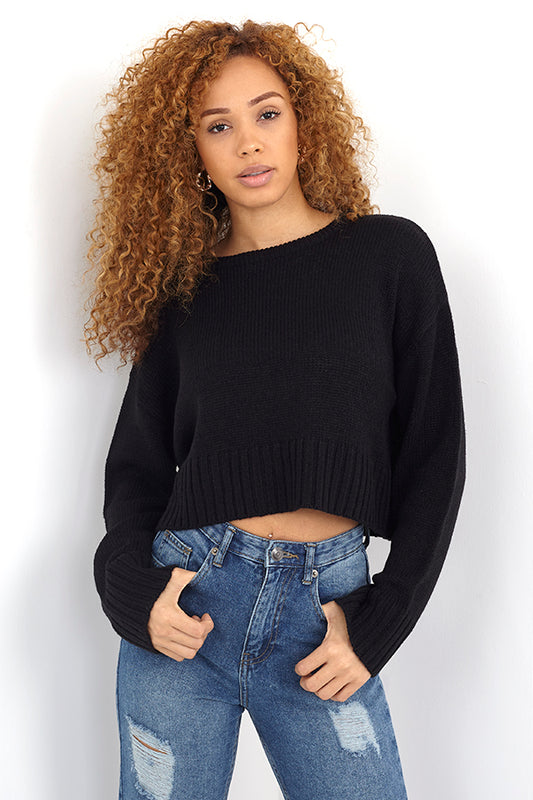 Plain Cropped Crew Neck Drop Shoulder Knitted Jumper
