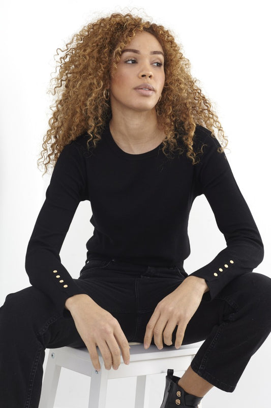 Black Popper Sleeve Crew Neck Knitted Jumper