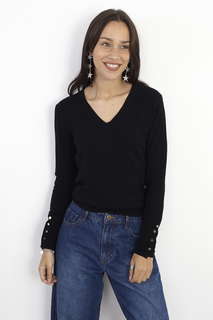 Popper Sleeve Detail V-Neck Jumper