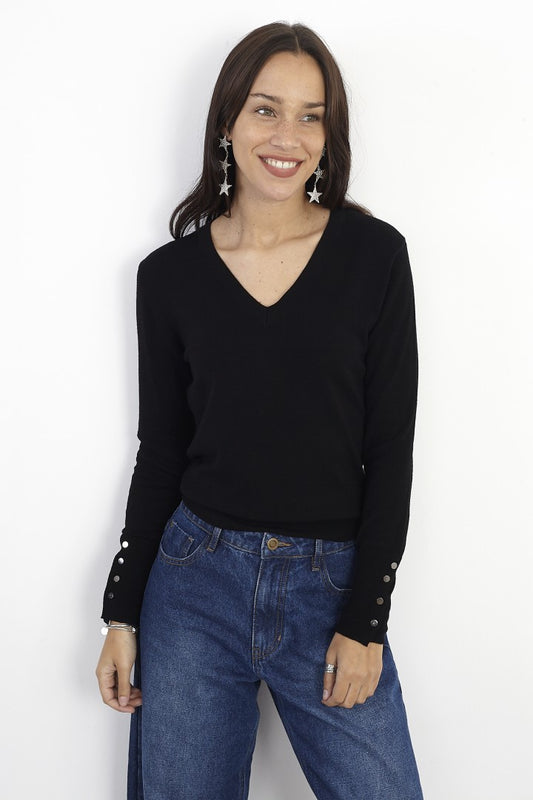 Popper Sleeve Detail V-Neck Jumper