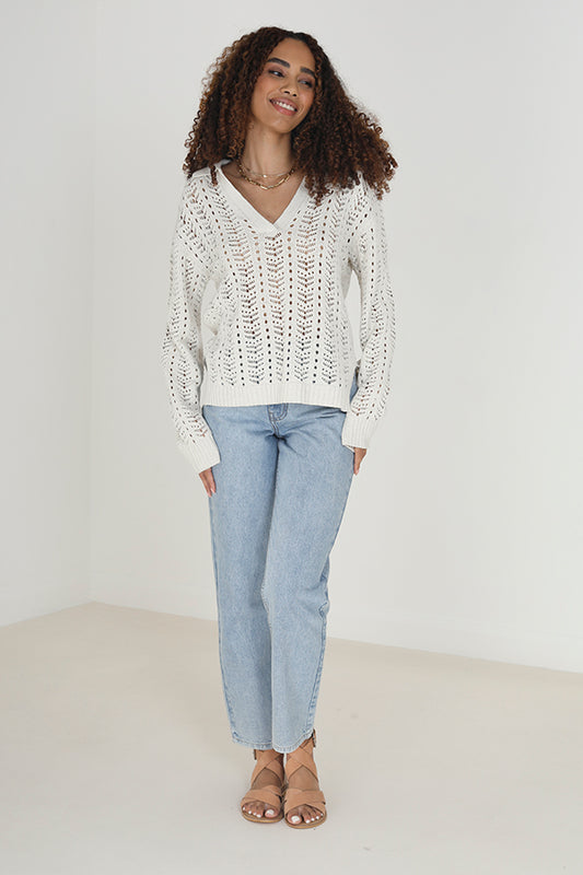 Ecru V-Neck Pointelle Knitted Jumper