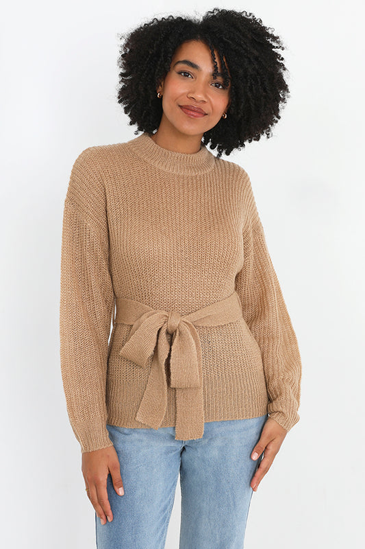 Balloon Sleeve Tie Belted Knitted Jumper