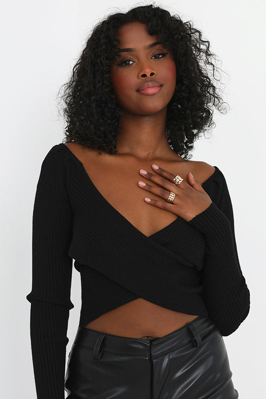 Ribbed Cross Over Pleated Off Shoulder Knit Top