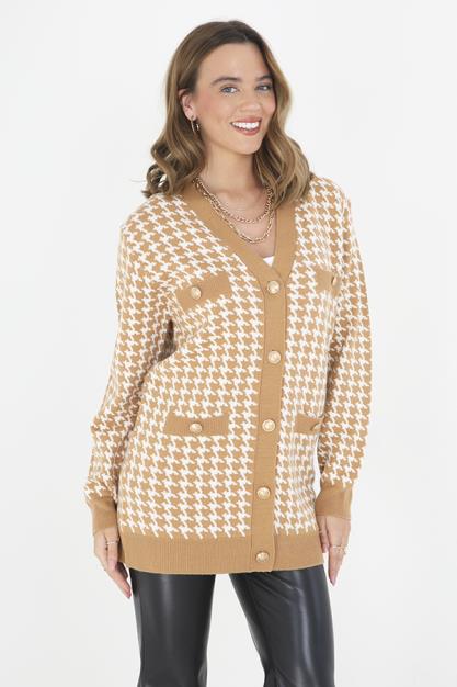 Spiced Camel Dogtooth Pattern Knitted Cardigan