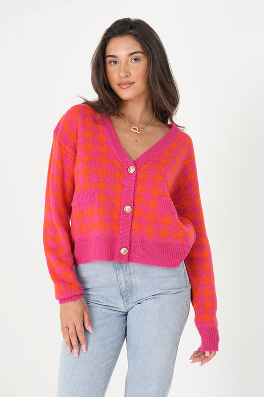 V-Neck Dog Tooth Cardigan