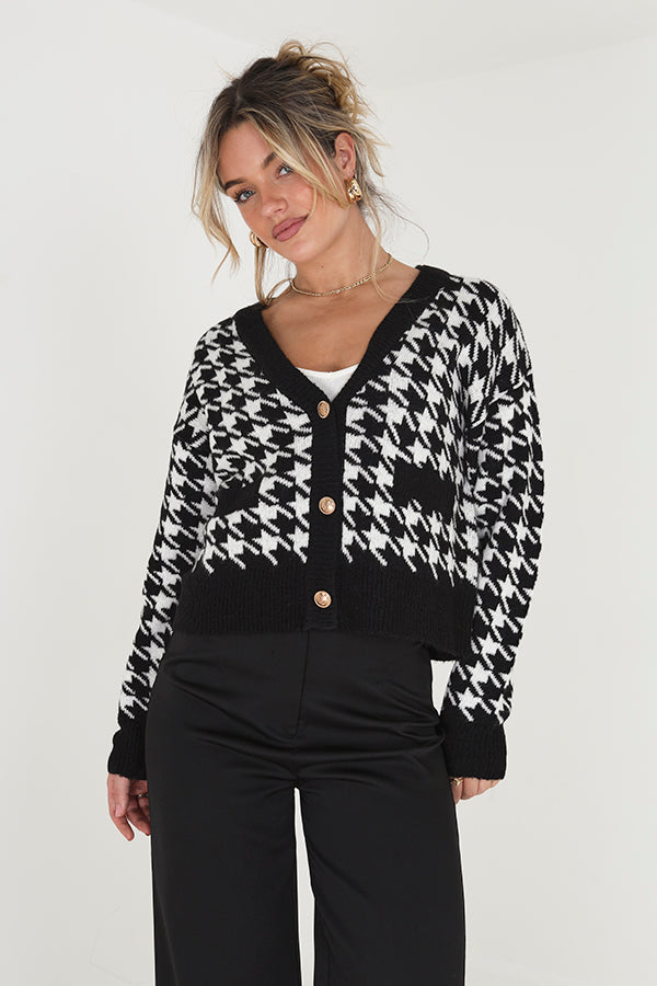 V-Neck Dog Tooth Cardigan