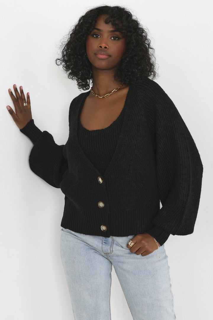 Black Boxy Fit Buttoned V Neck Balloon Sleeve Cardi