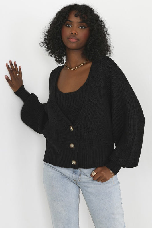 Black Boxy Fit Buttoned V Neck Balloon Sleeve Cardi