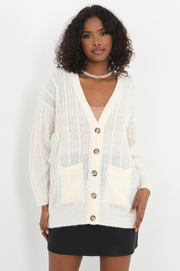 Cream Lightweight V Neck Relaxed Fit Knit Cardigan