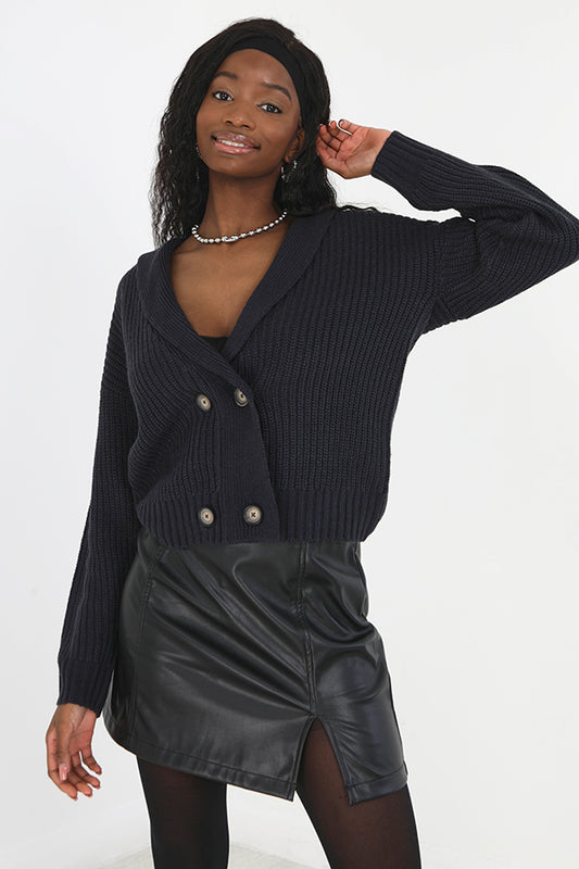 French Navy Double Breasted Ribbed Knit Cardigan